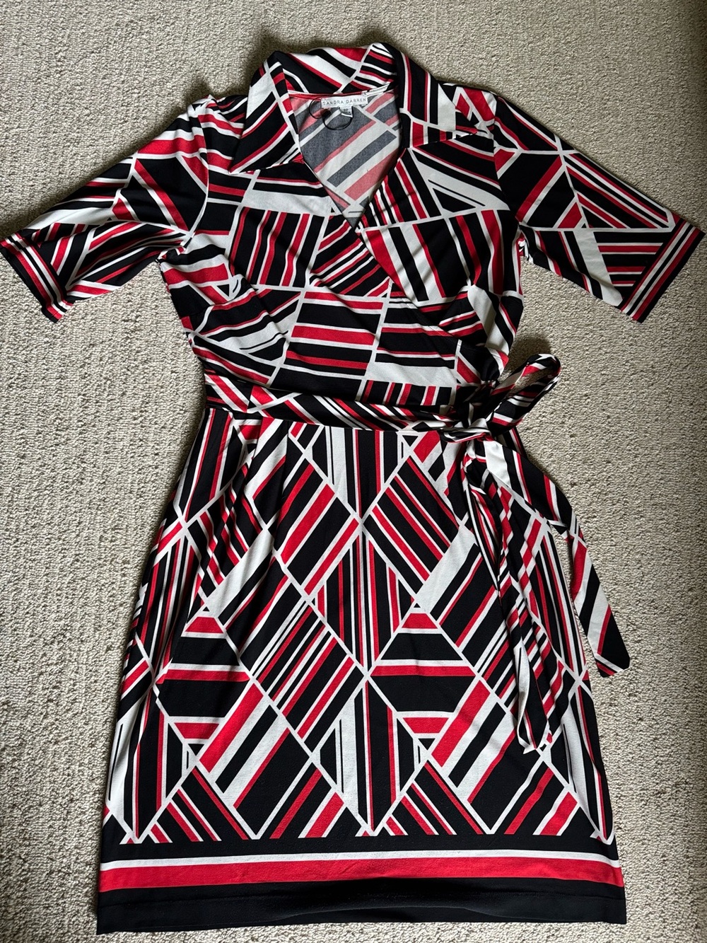 Sandra Darren Black, Red & White Geometric Faux Wrap Midi Dress Sz 8P